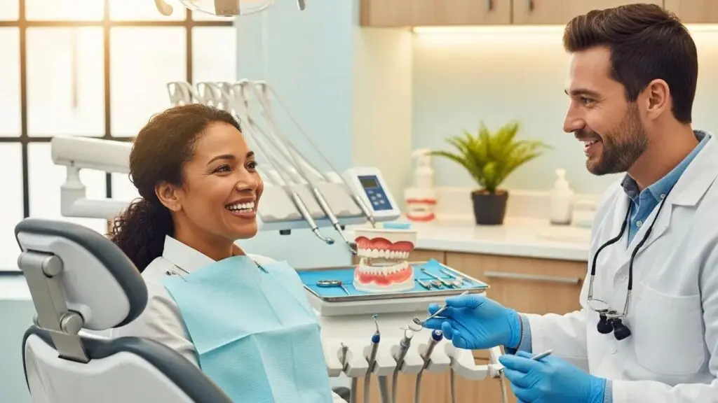 Smiling patient in a dental clinic receiving full mouth dental implants