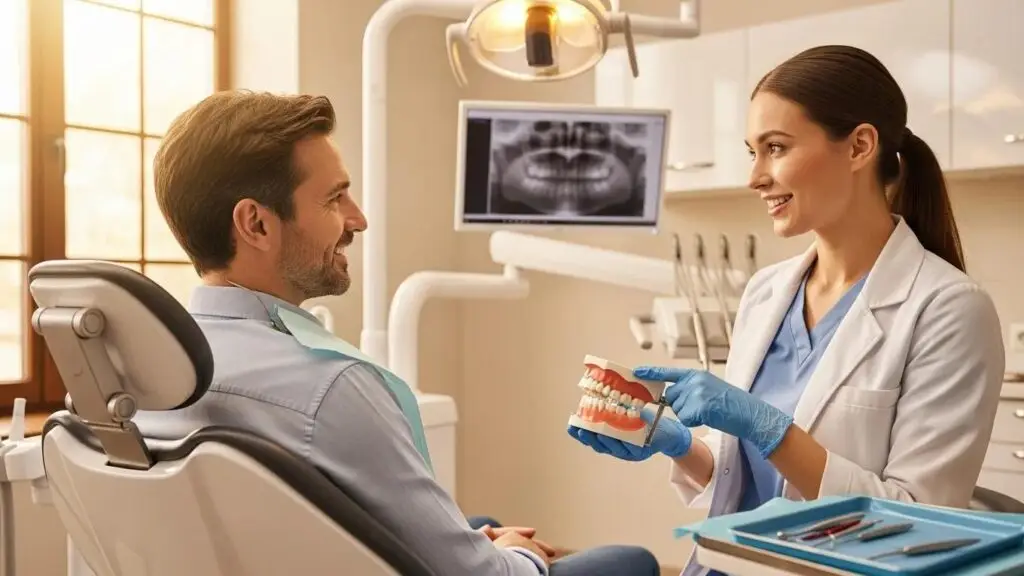 Consultation scene in a dental clinic about full mouth dental implants