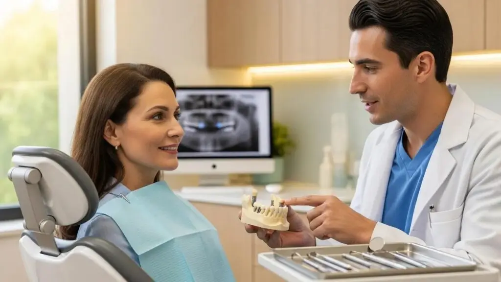 Dental clinic scene with a dentist explaining dental implant recovery to a patient