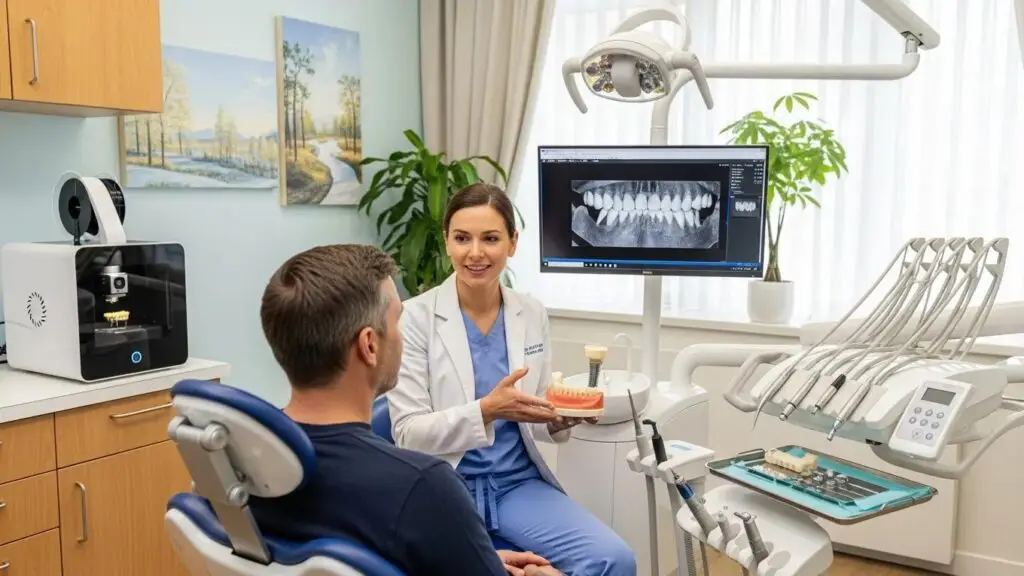 Dental clinic scene with a dentist explaining same day dental implants to a patient