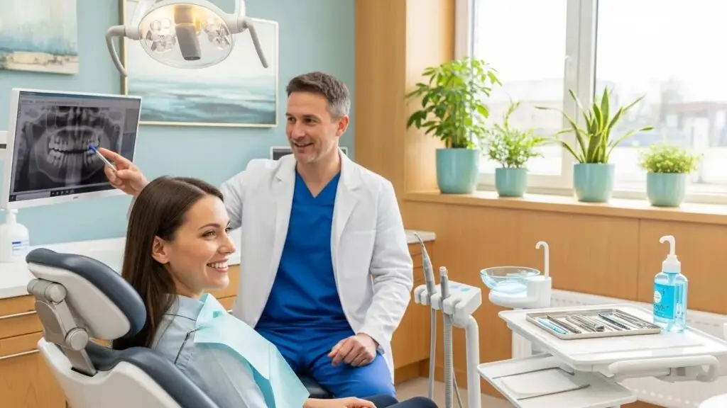 Dental clinic with a smiling patient receiving dental implants, showcasing a welcoming environment