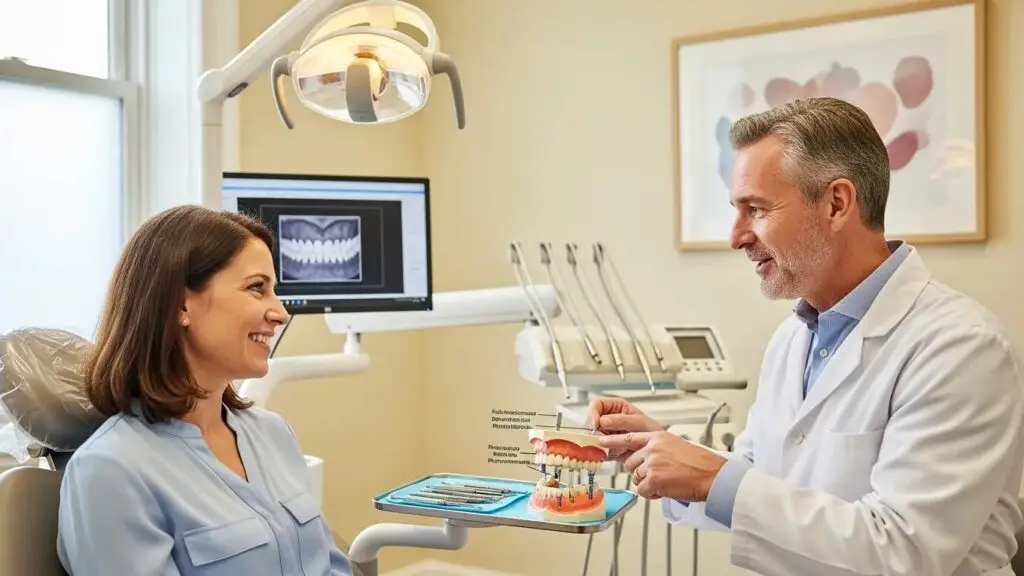 Dental consultation for full mouth dental implants with a smiling patient and dentist