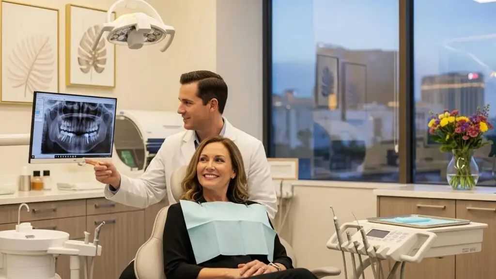 Dental consultation in Las Vegas with a smiling patient and dentist, highlighting full mouth dental implants