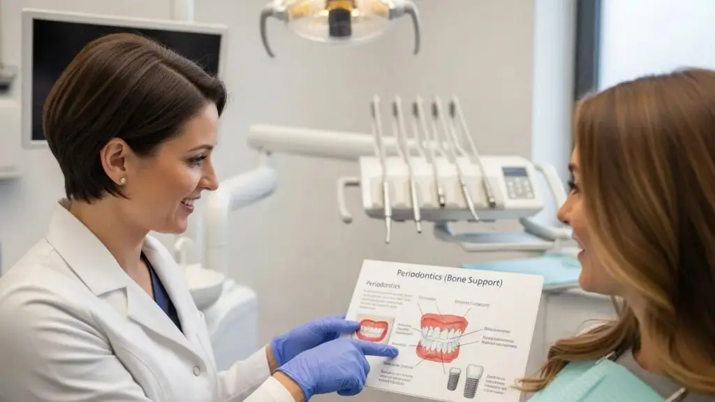 Dental consultation scene emphasizing periodontics and dental implants