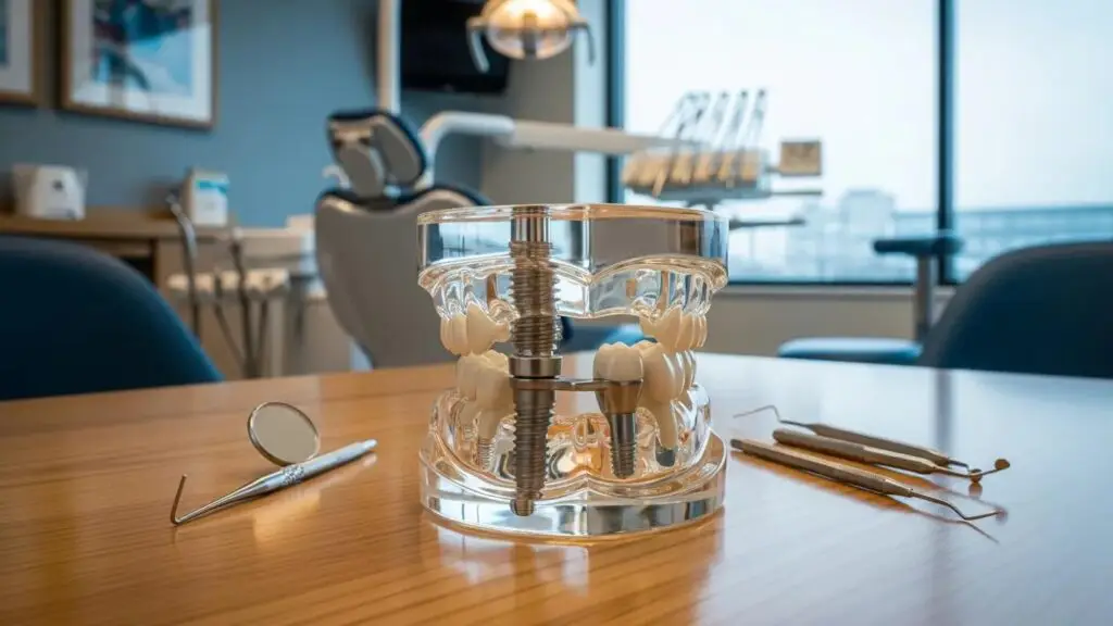 Dental implant model in a professional dental office setting, illustrating components of restorative dentistry