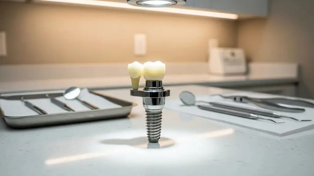 Dental implant model on a dental office countertop, highlighting the innovative design and materials used in modern dentistry
