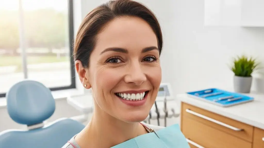 Dental implant transformation showcasing a smiling patient with natural-looking teeth in a dental office