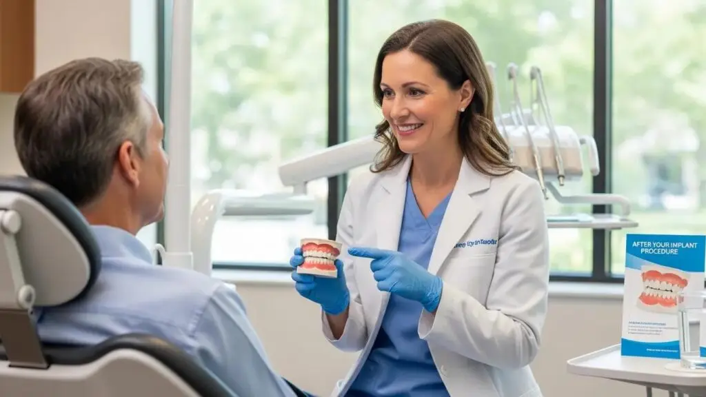 Dental professional explaining post-operative care for dental implants in a modern clinic