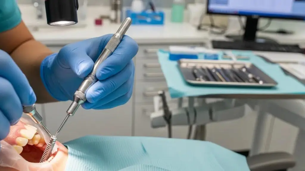 Dental professional placing a titanium dental implant in a modern clinic