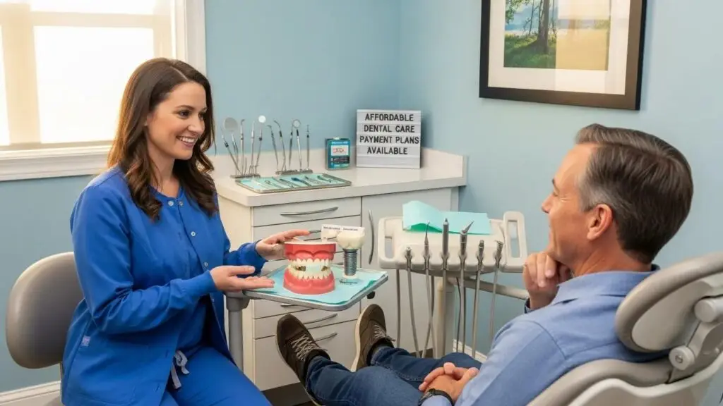 Friendly dentist discussing affordable dental implants with a patient in a welcoming clinic