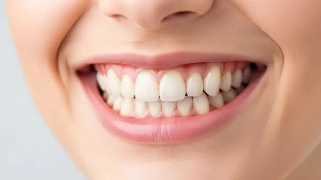 Healthy dental arch with aligned teeth in a smiling person's mouth, highlighting orthodontic treatment importance