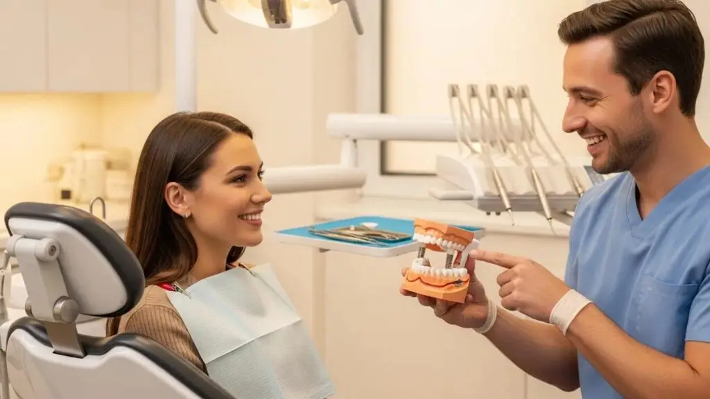 Patient consulting with dentist about full mouth dental implants in a welcoming dental clinic