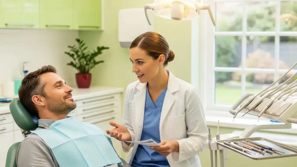 Patient receiving post-surgery care for dental implants in a calm dental clinic