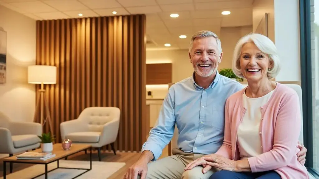 Senior couple smiling with confidence after receiving full mouth dental implants in a modern dental clinic