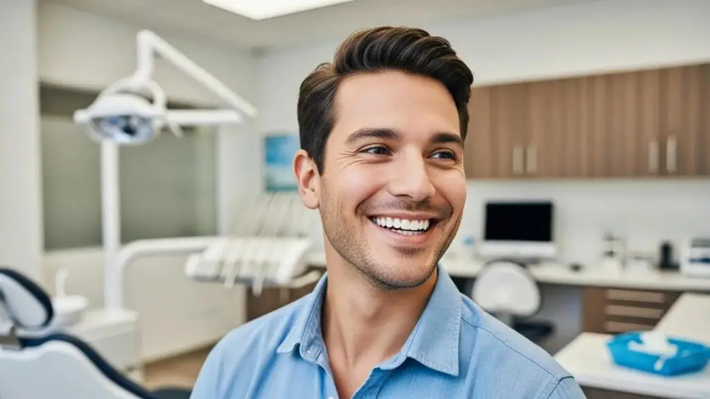 Smiling individual with dental implants in a bright dental office