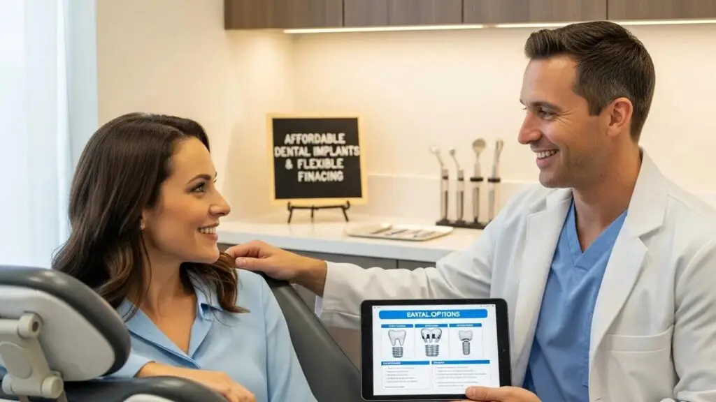 Smiling patient consulting with a dentist about dental implants financing options