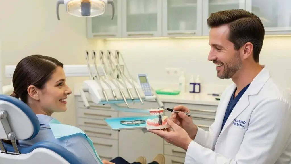 Smiling patient consulting with dentist about dental implants in a modern clinic