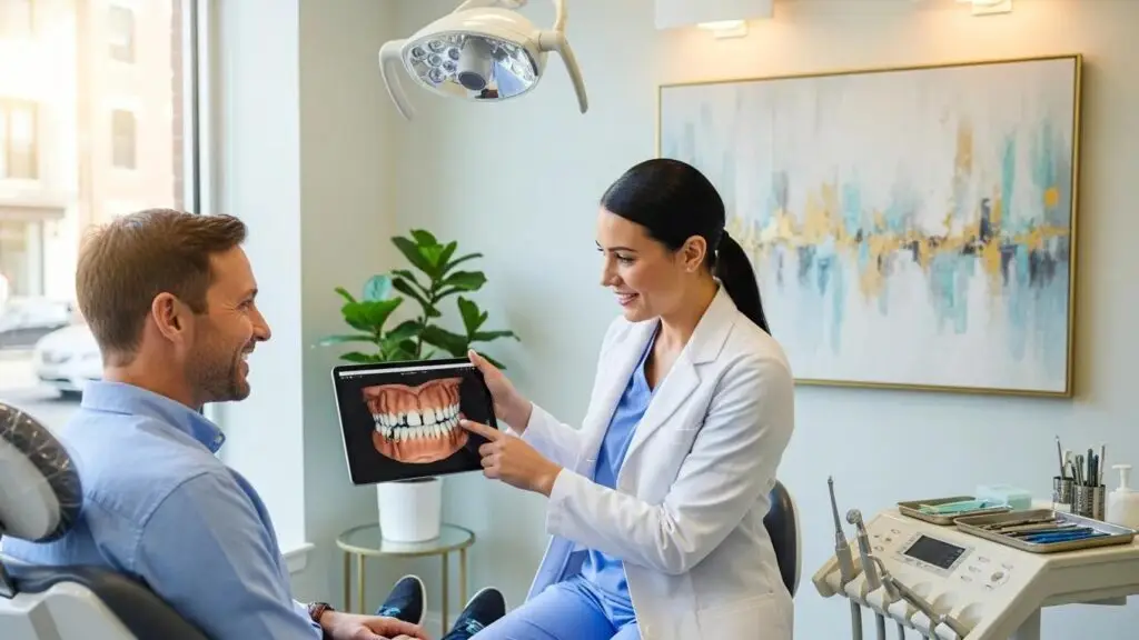 Smiling patient consulting with dentist about full mouth dental implants in a modern dental clinic