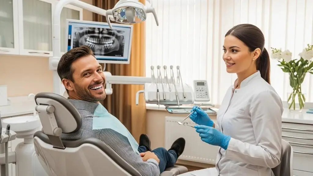 Smiling patient in a dental clinic after receiving full mouth dental implants, showcasing confidence and satisfaction