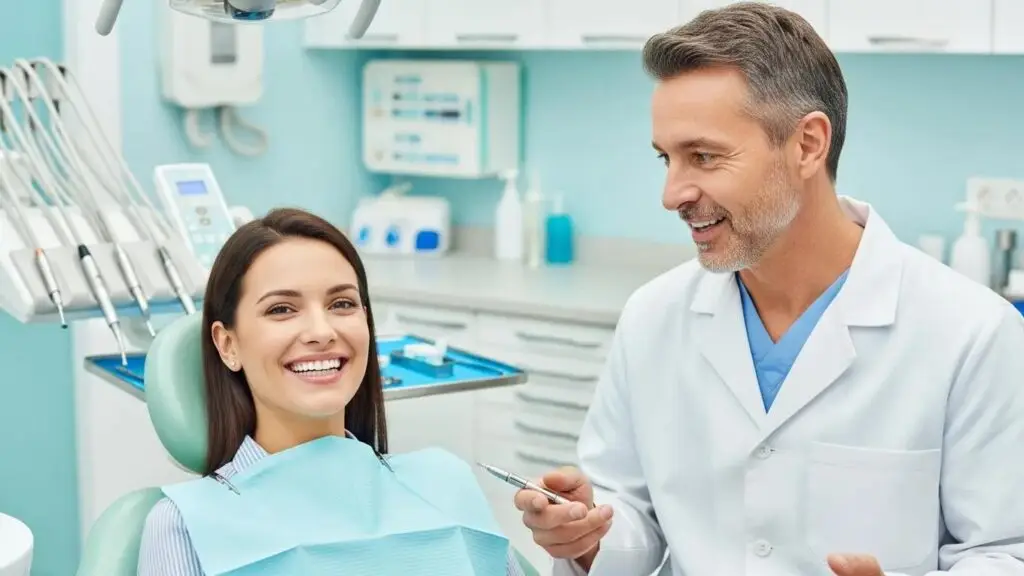 Smiling patient in a dental clinic receiving full mouth dental implants