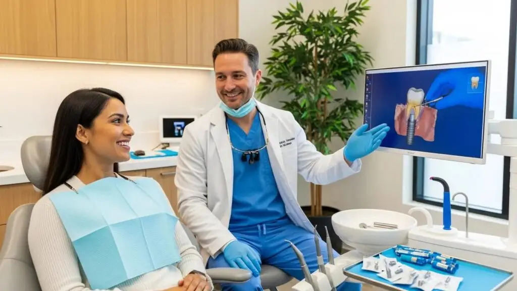 Smiling patient in a dental clinic receiving same day dental implants