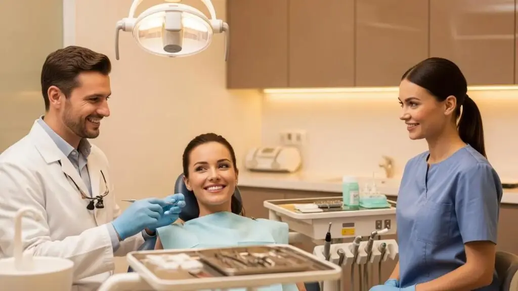 Smiling patient receiving bridge dental implants in a welcoming dental clinic