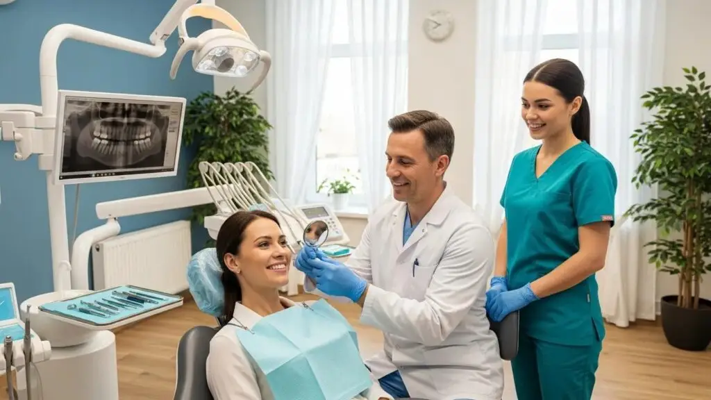 Smiling patient receiving immediate dental implants in a welcoming dental clinic