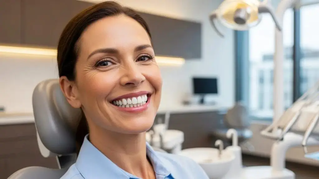 Smiling patient with dental implants in a modern dental clinic, showcasing natural teeth appearance