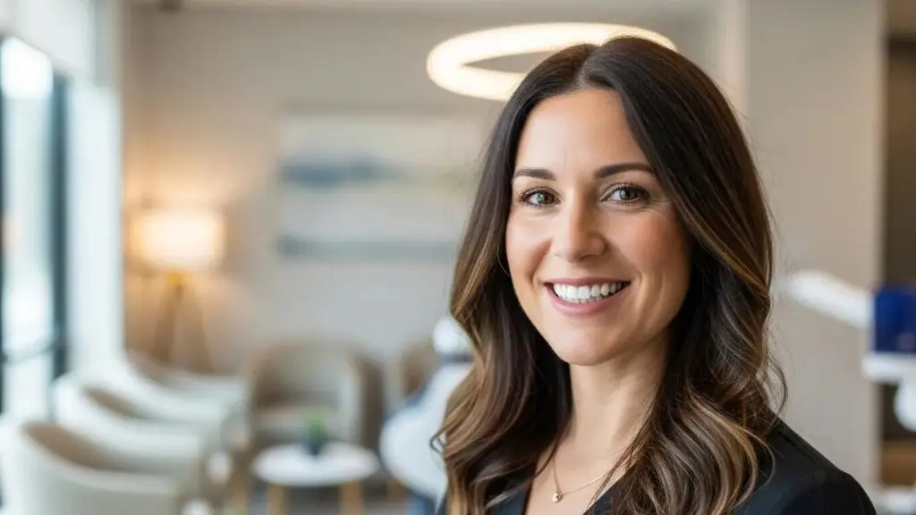 Smiling patient with dental implants in a modern dental office
