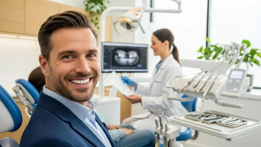 Smiling patient with dental implants in a modern dental office, showcasing confidence and satisfaction