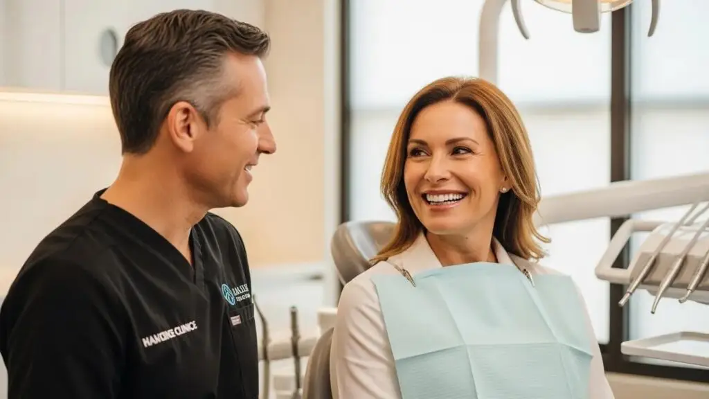 Patient consulting with a dentist in a modern dental clinic, discussing full-arch dental implants for smile revitalization and confidence enhancement.