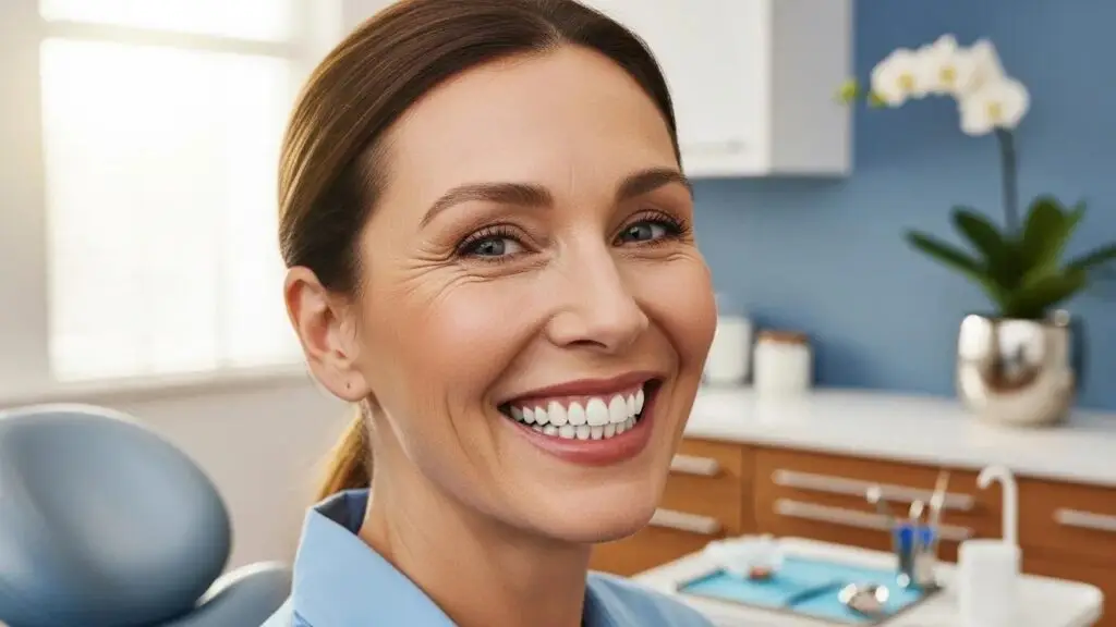 Smiling patient with full mouth dental implants in a bright dental office
