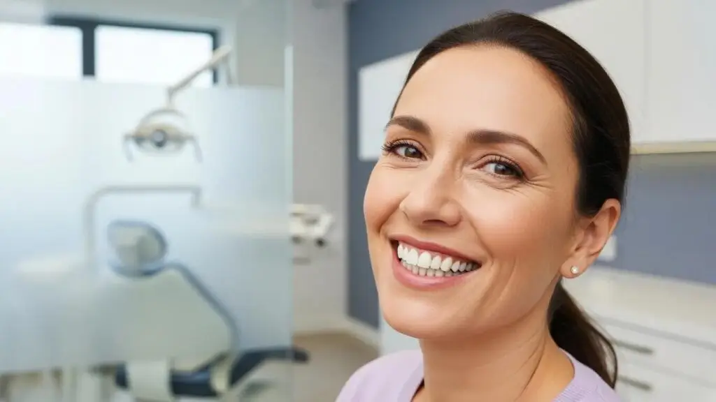 Smiling patient with full mouth dental implants in a modern dental clinic