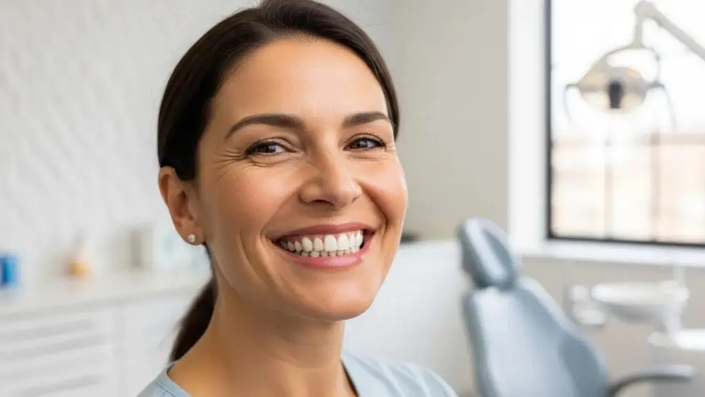 Smiling patient with full mouth dental implants in a modern dental clinic