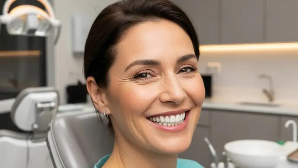 Smiling patient with full mouth dental implants in a modern dental clinic