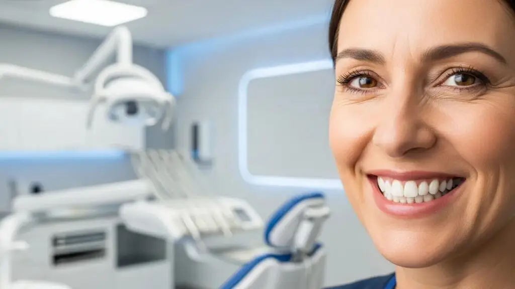 Smiling patient with full mouth dental implants in a modern dental clinic