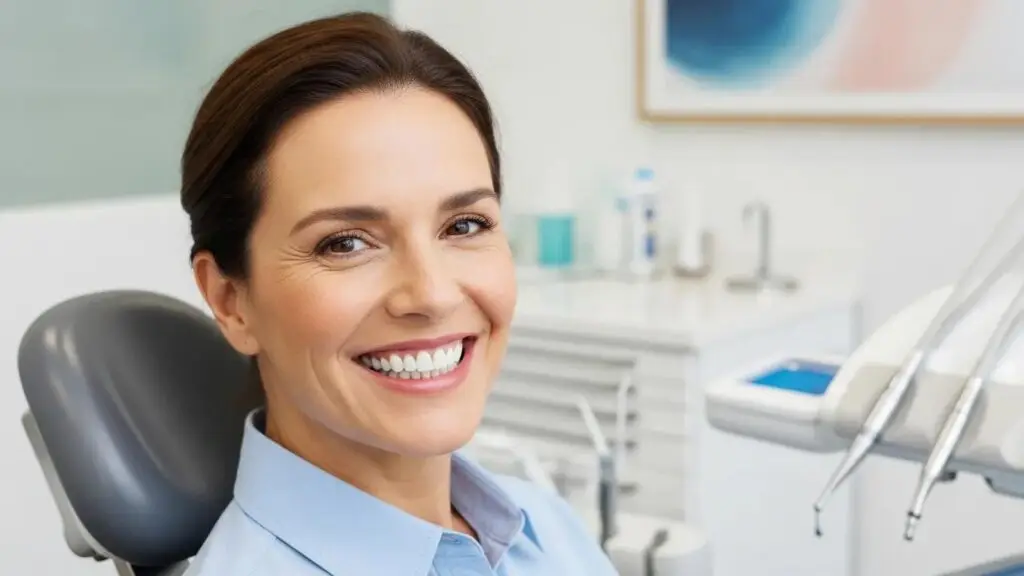 Smiling patient with full mouth dental implants in a modern dental clinic