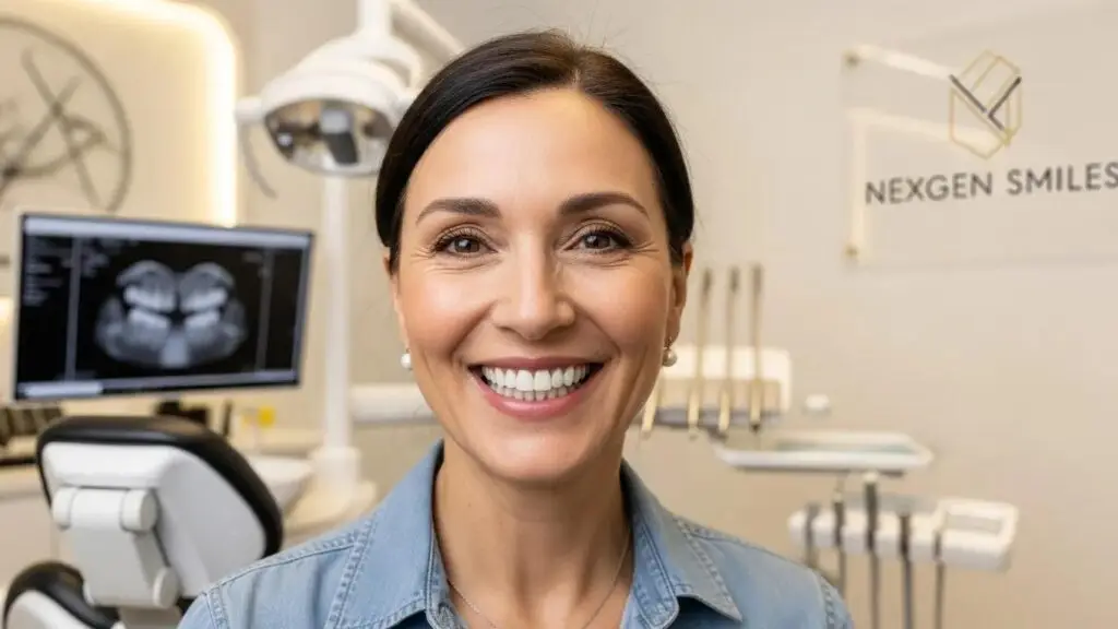 Smiling patient with full mouth dental implants in a modern dental clinic