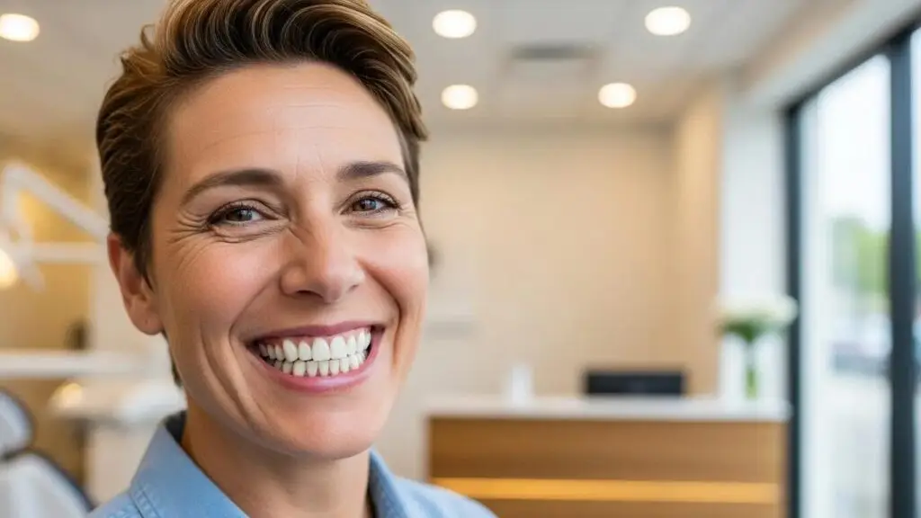 Smiling patient with full mouth dental implants in a modern dental clinic