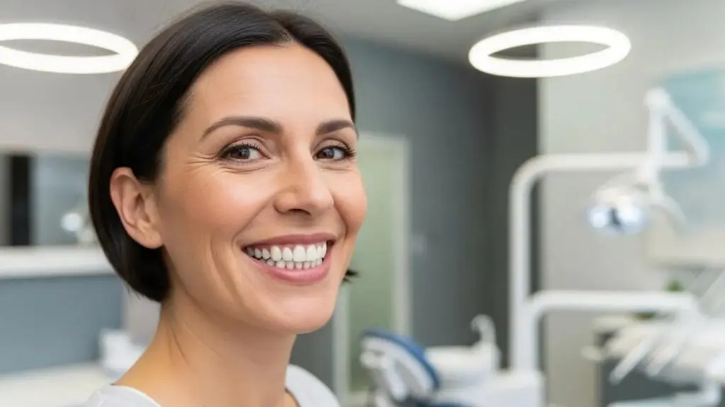 Smiling patient with full mouth dental implants in a modern dental clinic