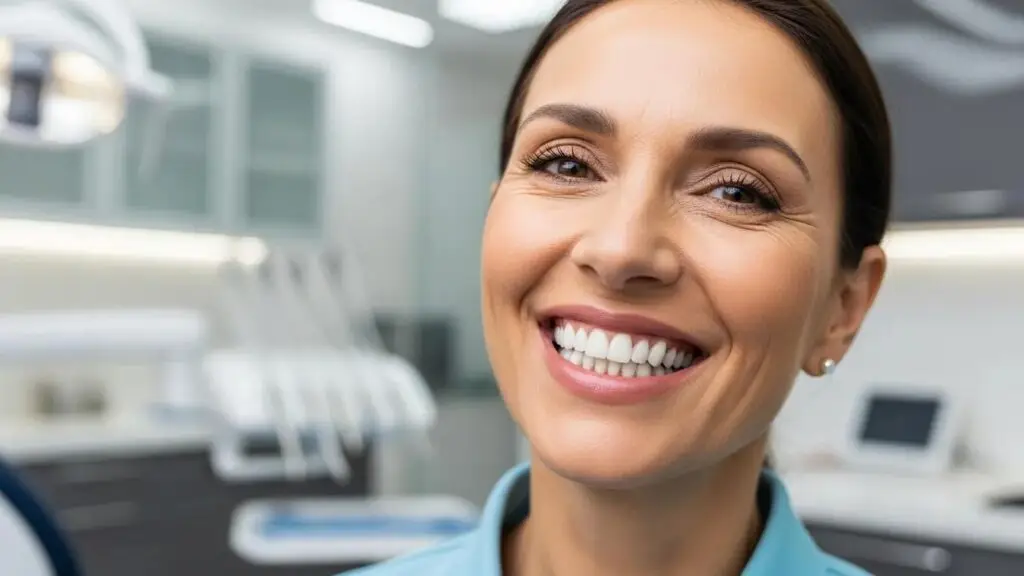 Smiling patient with full mouth dental implants in a modern dental clinic