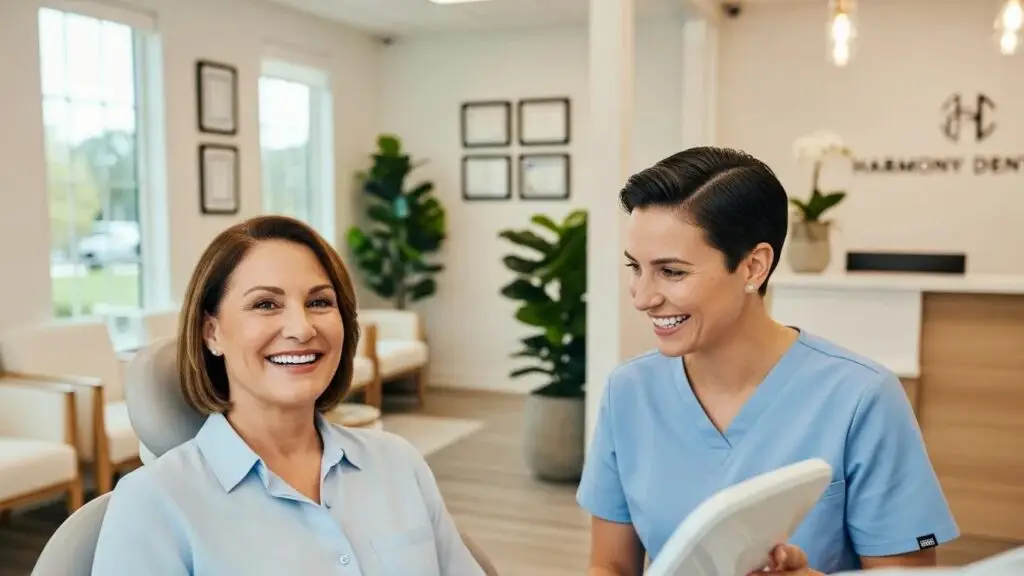 Smiling patient with full mouth dental implants in a modern dental office