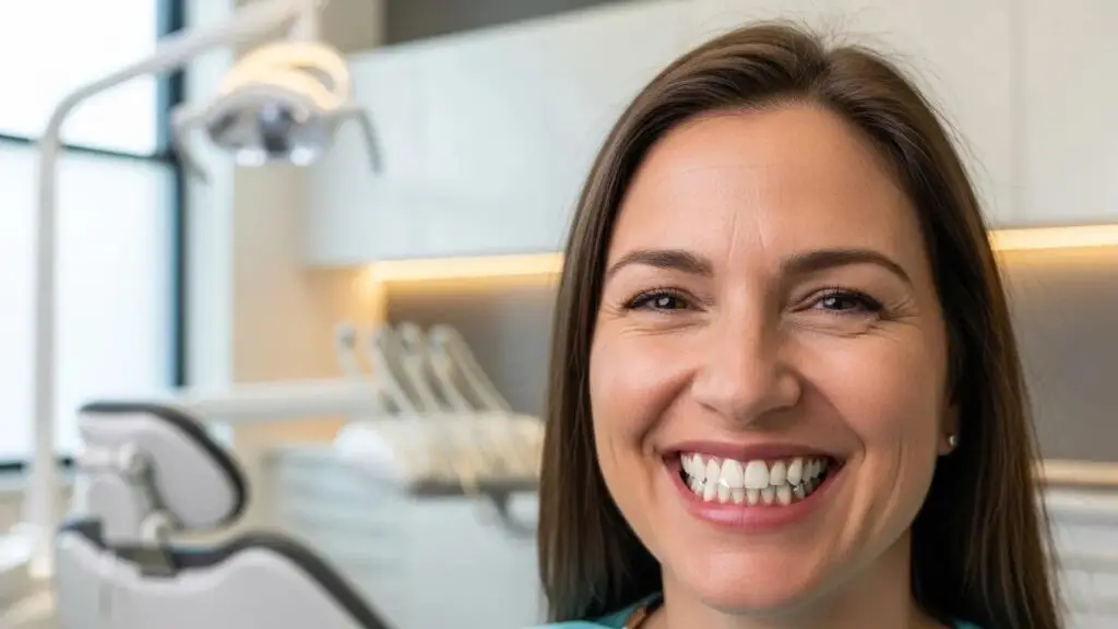 Smiling patient with multiple dental implants in a modern dental clinic