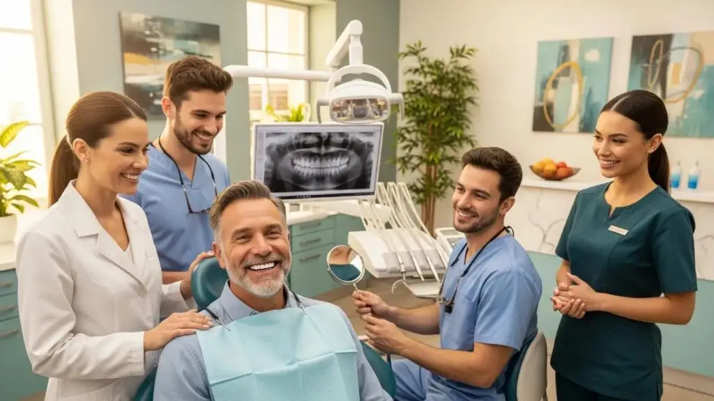 Smiling patient with new teeth in a dental clinic, showcasing the Smile in a Day concept