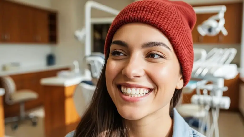 Smiling person in a dental office, showcasing the benefits of dental implants