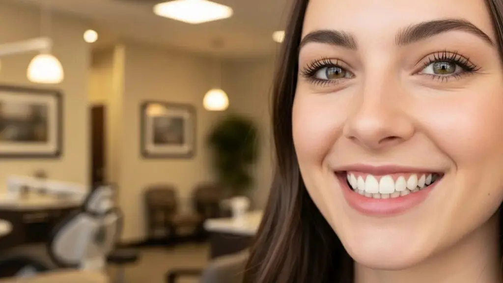 Smiling person in a dental office, showcasing the benefits of top row dental implants