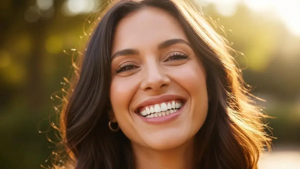 Smiling person with fixed dental implants, showcasing confidence and transformation
