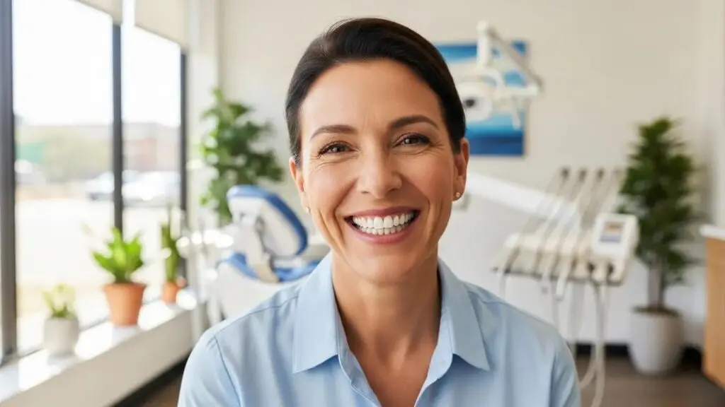 Smiling person with full mouth dental implants in a bright dental clinic