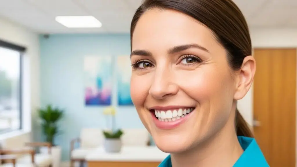 Smiling person with full mouth dental implants in a bright dental office