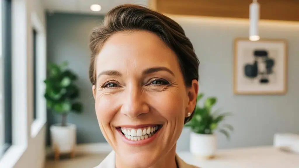 Smiling person with full mouth dental implants in a modern dental office